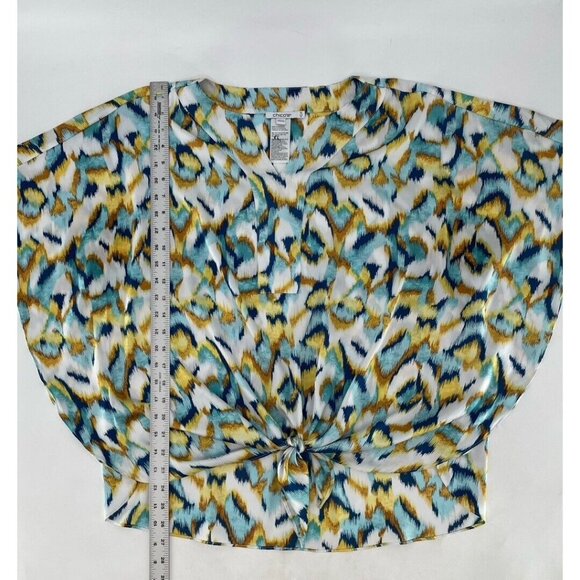 Chicos Ikat Print‎ Satin Poncho Lightweight Tie Front Blouse Sz 1.5 Boho Artsy - Picture 7 of 11